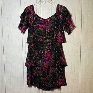 Trina Turk Tiered Ruffle Sheath Black Multicolor Floral Dress Size Small